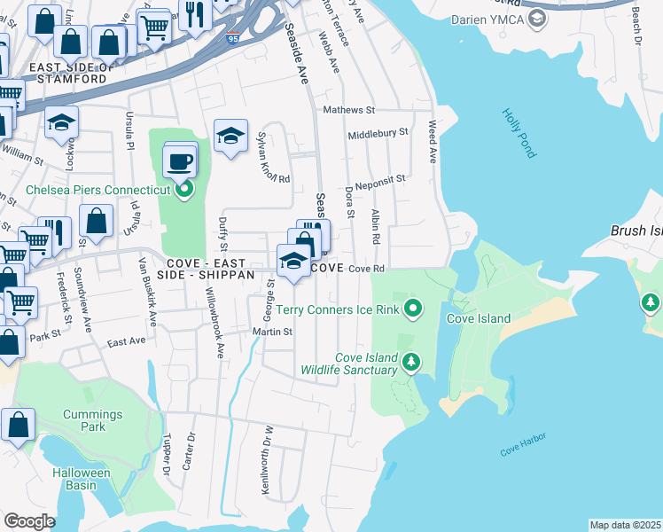 map of restaurants, bars, coffee shops, grocery stores, and more near 300 Seaside Avenue in Stamford