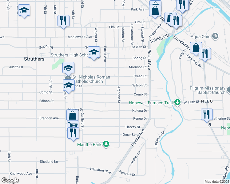 map of restaurants, bars, coffee shops, grocery stores, and more near 123 Como Street in Struthers