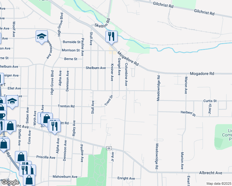 map of restaurants, bars, coffee shops, grocery stores, and more near 3016 Ellet Avenue in Akron