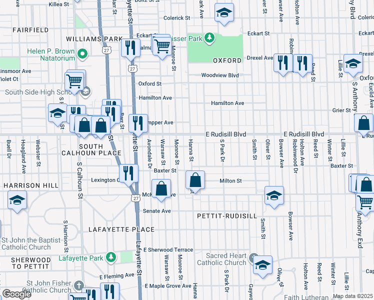 map of restaurants, bars, coffee shops, grocery stores, and more near 4006 Hanna Street in Fort Wayne