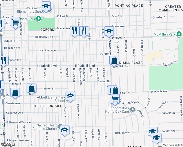 map of restaurants, bars, coffee shops, grocery stores, and more near 4002 Reed Street in Fort Wayne
