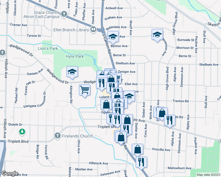 map of restaurants, bars, coffee shops, grocery stores, and more near 524 Canton Road in Akron