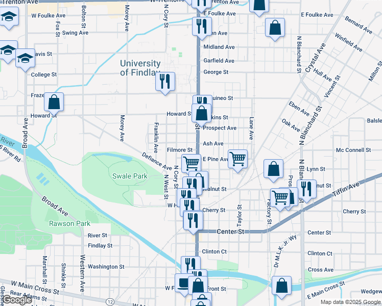 map of restaurants, bars, coffee shops, grocery stores, and more near 620 N Main St in Findlay