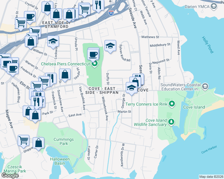map of restaurants, bars, coffee shops, grocery stores, and more near 656 Cove Road in Stamford
