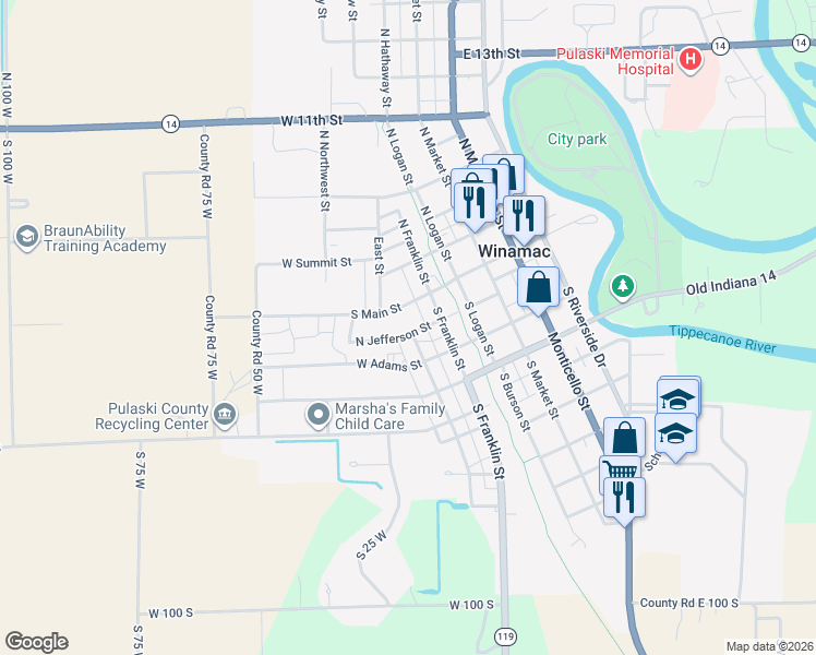 map of restaurants, bars, coffee shops, grocery stores, and more near 322 West Jefferson Street in Winamac
