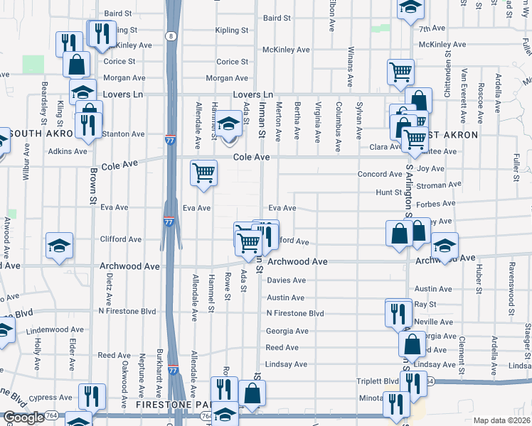 map of restaurants, bars, coffee shops, grocery stores, and more near 1073 Inman Street in Akron