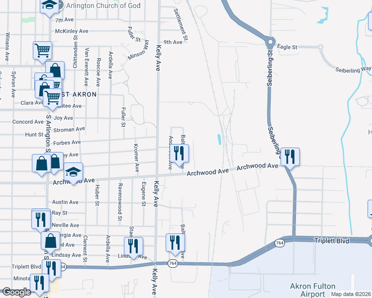 map of restaurants, bars, coffee shops, grocery stores, and more near 539 Baltimore Avenue in Akron