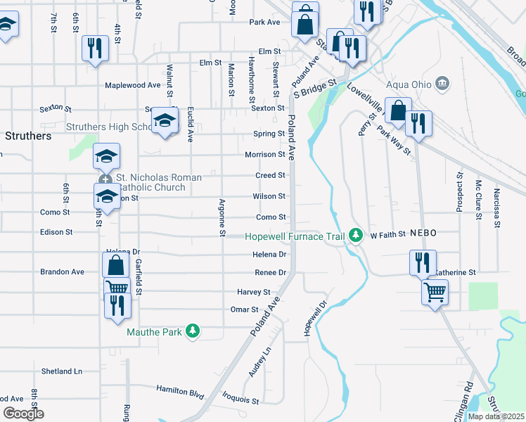 map of restaurants, bars, coffee shops, grocery stores, and more near 49 Como Street in Struthers