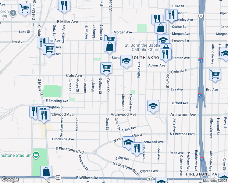 map of restaurants, bars, coffee shops, grocery stores, and more near 1252 Girard Street in Akron