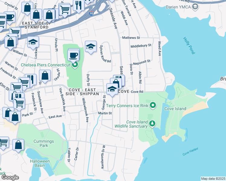map of restaurants, bars, coffee shops, grocery stores, and more near 818 Cove Road in Stamford