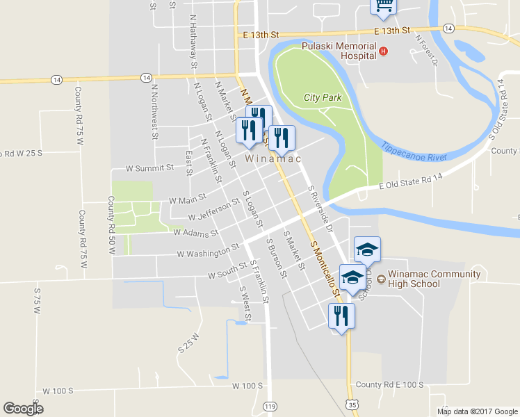 map of restaurants, bars, coffee shops, grocery stores, and more near 221 South Logan Street in Winamac