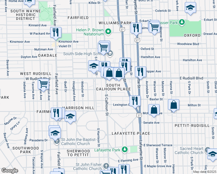 map of restaurants, bars, coffee shops, grocery stores, and more near 3931 South Calhoun Street in Fort Wayne