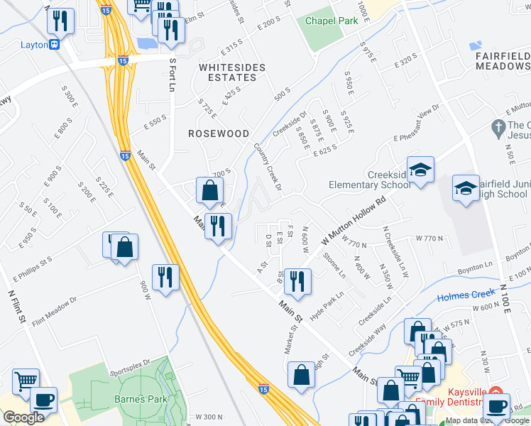 map of restaurants, bars, coffee shops, grocery stores, and more near 756 East Clearwater Court in Layton