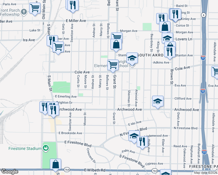 map of restaurants, bars, coffee shops, grocery stores, and more near 1239 Bellows Street in Akron