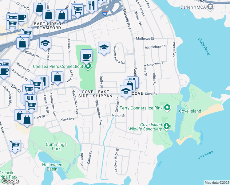 map of restaurants, bars, coffee shops, grocery stores, and more near 734 Cove Road in Stamford