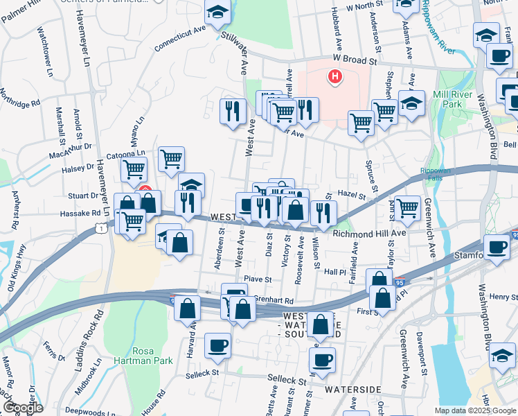 map of restaurants, bars, coffee shops, grocery stores, and more near 3 Dryden Street in Stamford