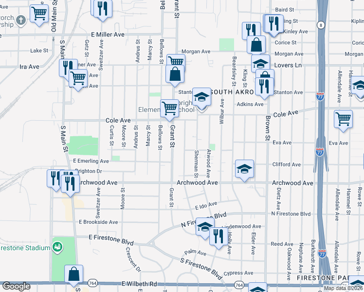 map of restaurants, bars, coffee shops, grocery stores, and more near 1252 Girard Street in Akron