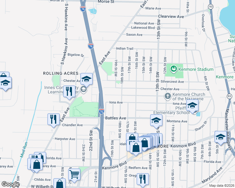 map of restaurants, bars, coffee shops, grocery stores, and more near 961 Harrison Avenue in Akron