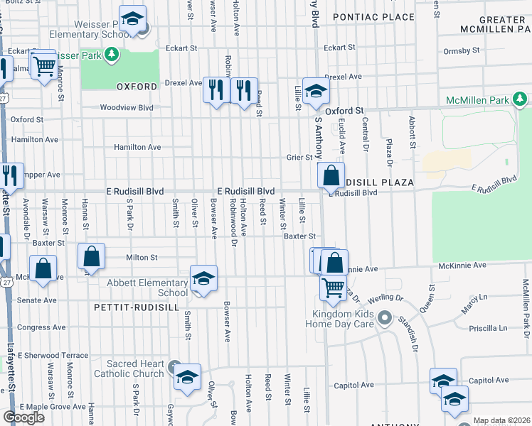map of restaurants, bars, coffee shops, grocery stores, and more near 4002 Reed Street in Fort Wayne