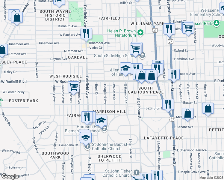 map of restaurants, bars, coffee shops, grocery stores, and more near 334 West Foster Parkway in Fort Wayne