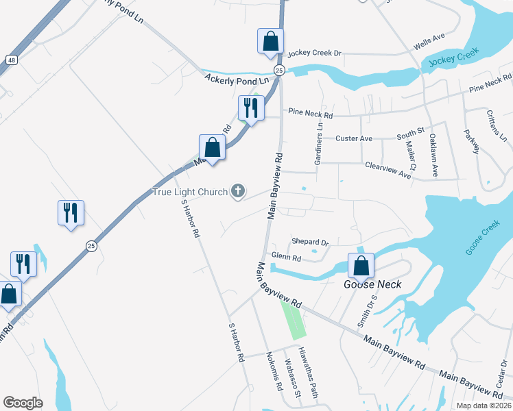 map of restaurants, bars, coffee shops, grocery stores, and more near 240 Grange Road in Southold