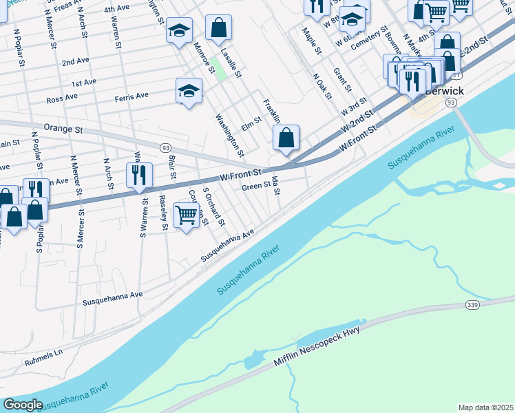 map of restaurants, bars, coffee shops, grocery stores, and more near 230230 Hughes St in Berwick