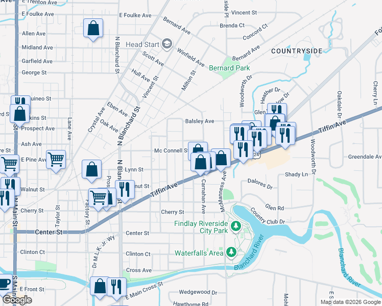 map of restaurants, bars, coffee shops, grocery stores, and more near 811 Mc Connell Street in Findlay