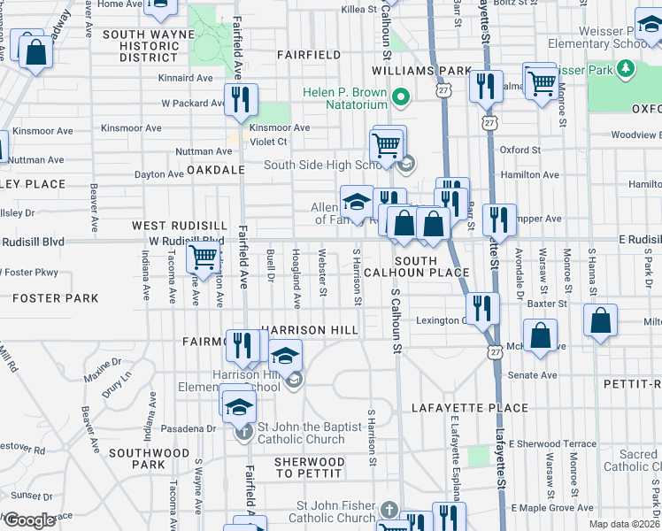 map of restaurants, bars, coffee shops, grocery stores, and more near 4018 Harrison Street in Fort Wayne