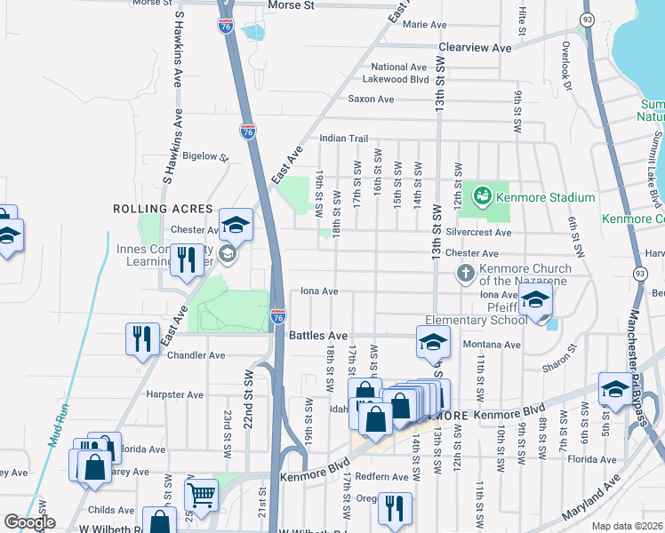 map of restaurants, bars, coffee shops, grocery stores, and more near 961 Harrison Avenue in Akron