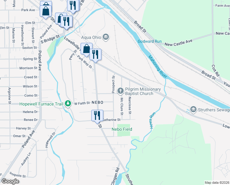 map of restaurants, bars, coffee shops, grocery stores, and more near 68 Prospect Street in Struthers