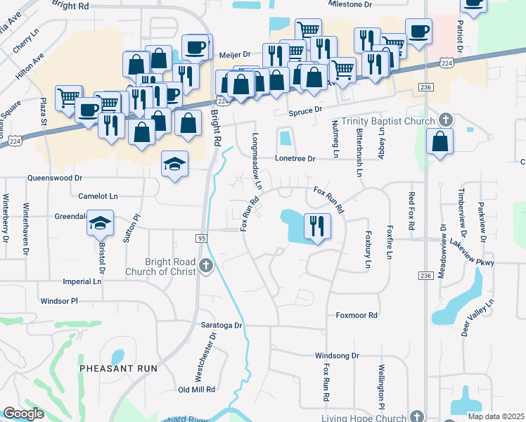 map of restaurants, bars, coffee shops, grocery stores, and more near 725 Fox Run Road in Findlay