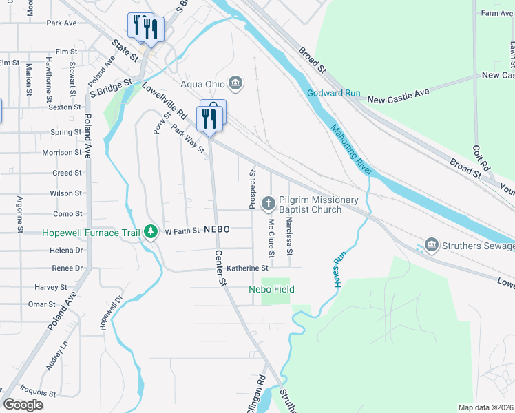 map of restaurants, bars, coffee shops, grocery stores, and more near 68 Prospect Street in Struthers