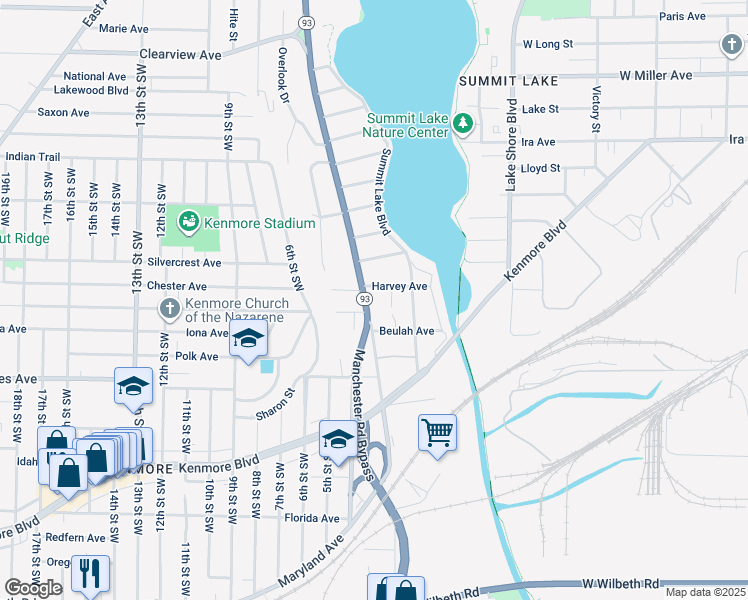 map of restaurants, bars, coffee shops, grocery stores, and more near 1835 Manchester Road in Akron