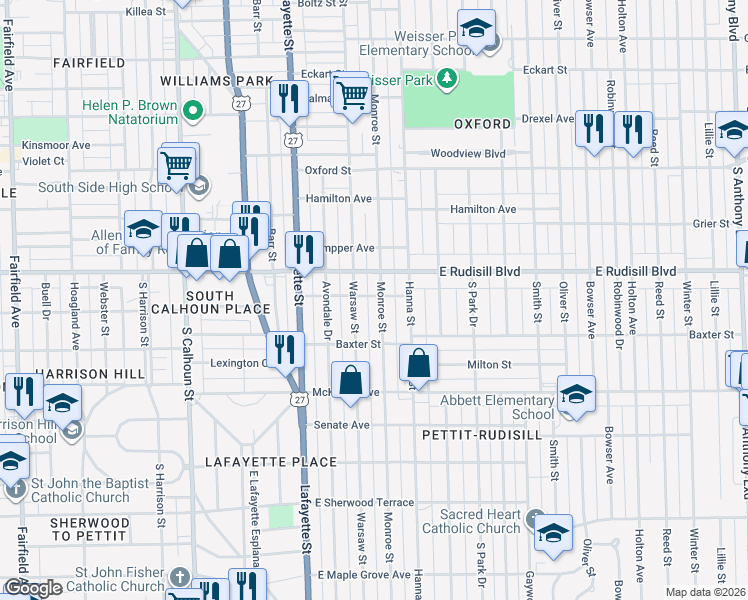 map of restaurants, bars, coffee shops, grocery stores, and more near 4009 Warsaw Street in Fort Wayne