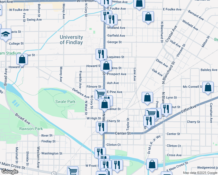 map of restaurants, bars, coffee shops, grocery stores, and more near 701 North Main Street in Findlay