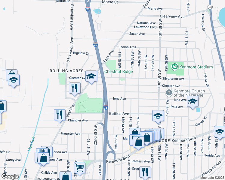 map of restaurants, bars, coffee shops, grocery stores, and more near 1005 Harrison Avenue in Akron