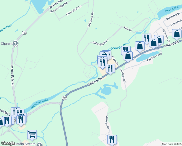 map of restaurants, bars, coffee shops, grocery stores, and more near 3121 Oak Grove Road in East Stroudsburg
