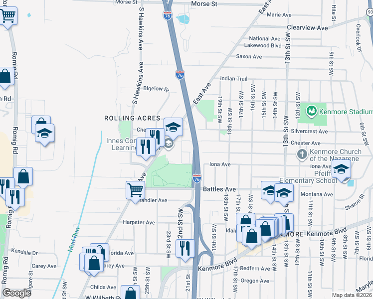 map of restaurants, bars, coffee shops, grocery stores, and more near 1057 Harrison Avenue in Akron