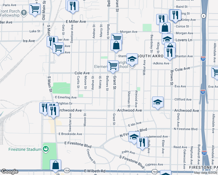 map of restaurants, bars, coffee shops, grocery stores, and more near 1239 Bellows Street in Akron