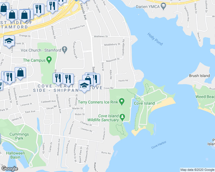 map of restaurants, bars, coffee shops, grocery stores, and more near 3 Dora Street in Stamford