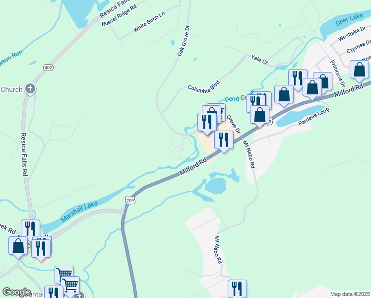 map of restaurants, bars, coffee shops, grocery stores, and more near 3121 Oak Grove Road in East Stroudsburg