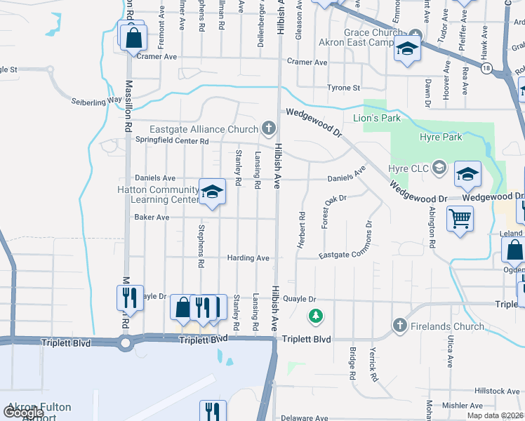 map of restaurants, bars, coffee shops, grocery stores, and more near 2019 Baker Avenue in Akron