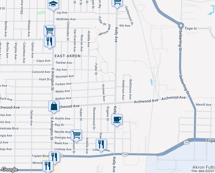 map of restaurants, bars, coffee shops, grocery stores, and more near 1239 Wyley Avenue in Akron