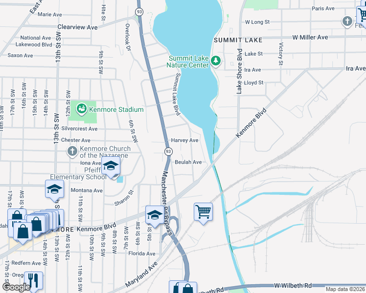 map of restaurants, bars, coffee shops, grocery stores, and more near 1898 2nd Street Southwest in Akron