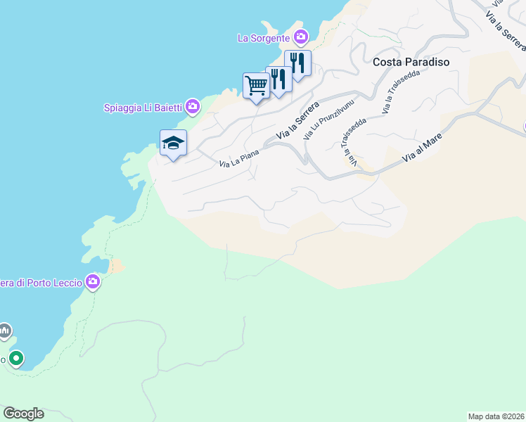 map of restaurants, bars, coffee shops, grocery stores, and more near 1 Strada La Falata in Costa Paradiso