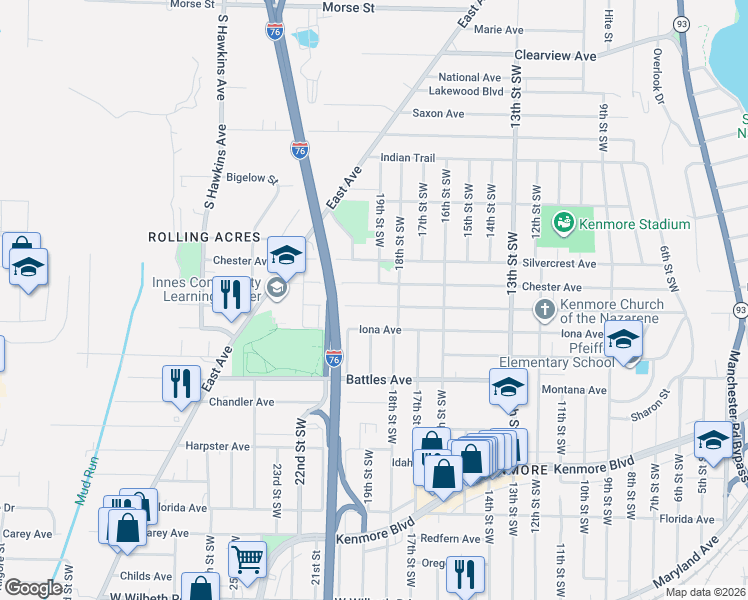 map of restaurants, bars, coffee shops, grocery stores, and more near 1005 Harrison Avenue in Akron