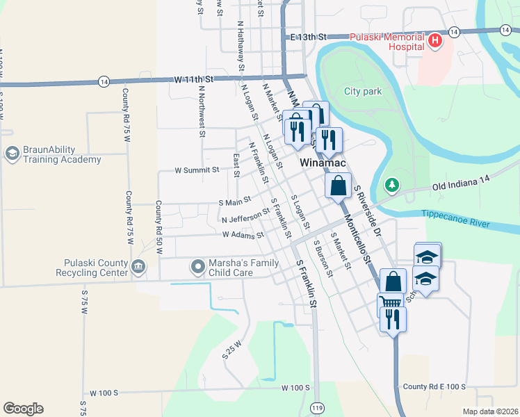map of restaurants, bars, coffee shops, grocery stores, and more near 322 West Jefferson Street in Winamac