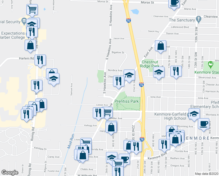 map of restaurants, bars, coffee shops, grocery stores, and more near 1207 Knox Avenue in Akron