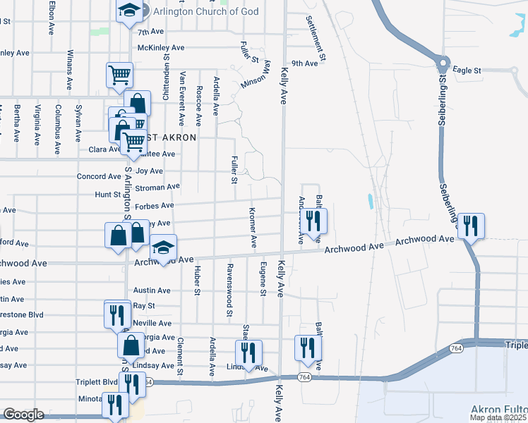 map of restaurants, bars, coffee shops, grocery stores, and more near 1239 Wyley Avenue in Akron