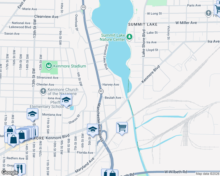 map of restaurants, bars, coffee shops, grocery stores, and more near 1898 2nd Street Southwest in Akron